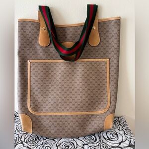 Gucci Beige and Tan Tote with Green and Red Straps